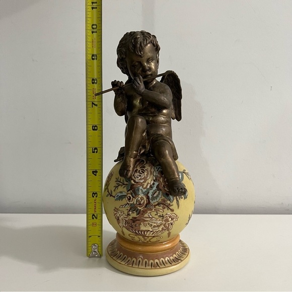 Bronze Cherub Playing Flute on Floral Globe Figurine Statue - Picture 5 of 6